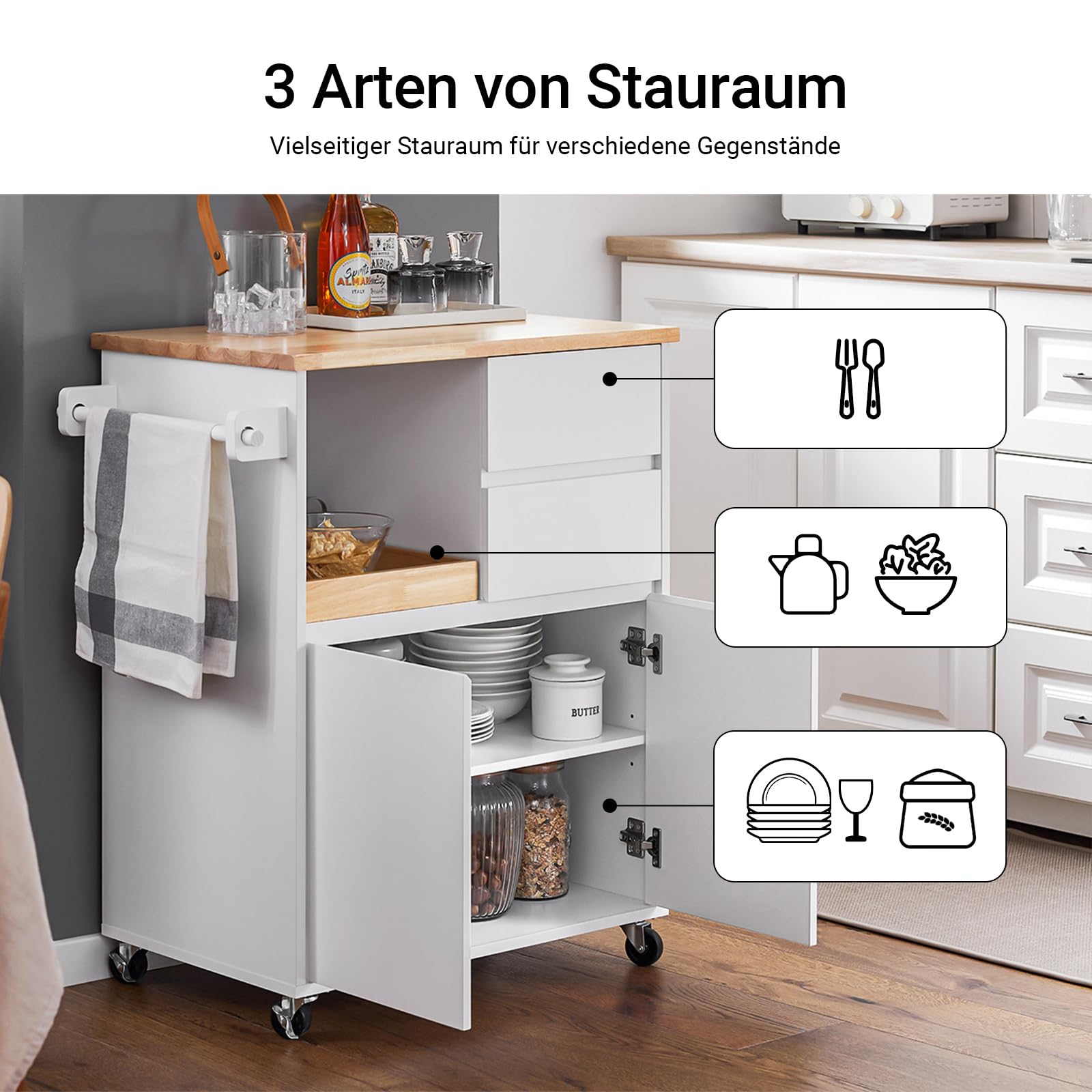 SoBuy Küchenwagen mit Arbeitsplatte Servierwagen mit Rollen Rollwagen Küche Kücheninsel Kücheninsel Küchenschrank Für Küche, Wohnzimmer, Esszimmer Weiß BHT ca. 72x84x40cm FKW123-WN