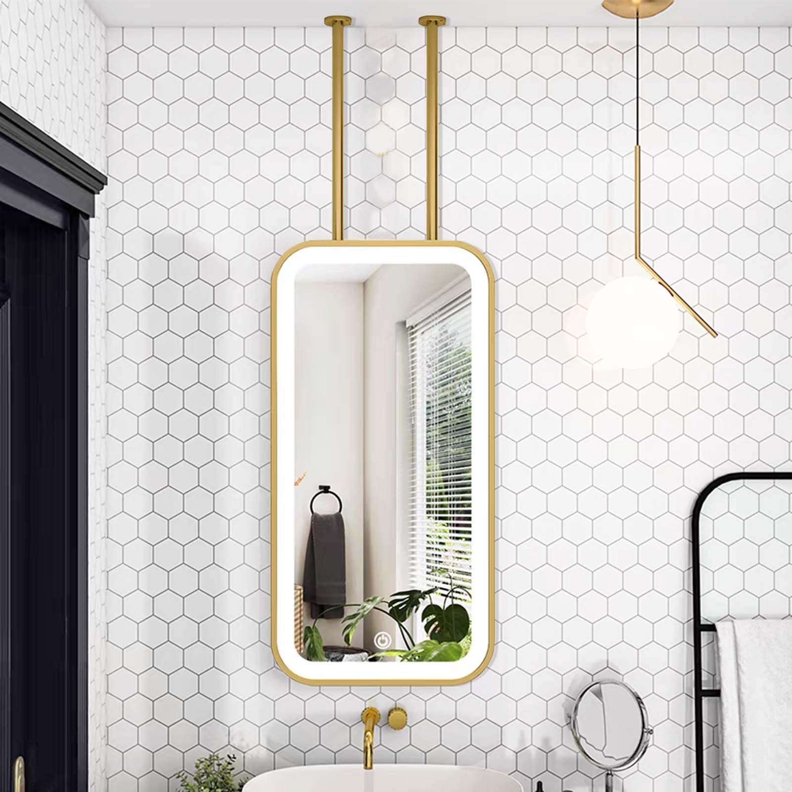 GLJTUO Ceiling Square Suspended Mirrors Gold Metal Framed Decorative Hanging Mirror Touch Screen Control Vanity Makeup for Bathroom Home or Hotel,size_name-40L x 70W cm