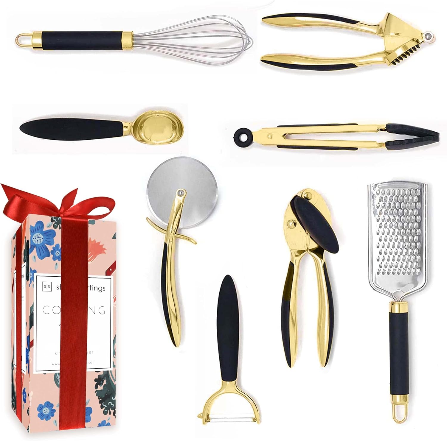 Black and Gold Tool Set- Luxe 8PC Kitchen Gadget Set with Anti-Slip Handles, Gold Utensils Set - Black and Gold Kitchen Accessories Includes Gold Can Opener, Gold Pizza Cutter, Gold Whisk… : Everything Else