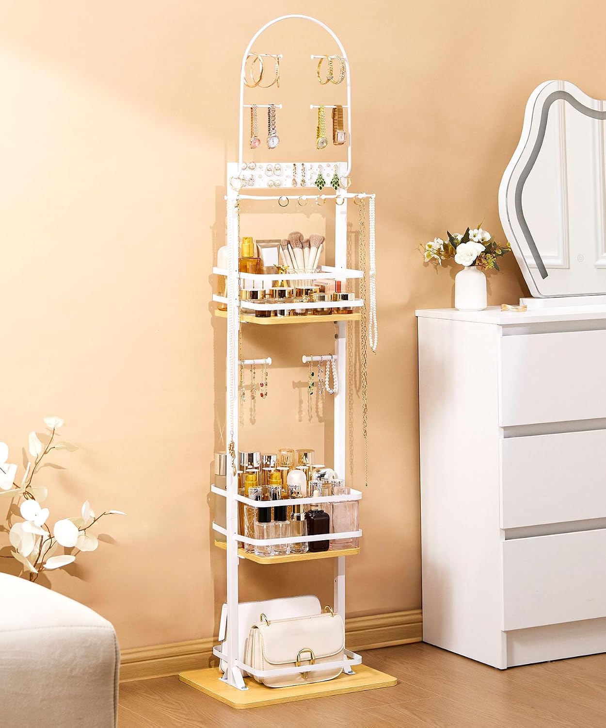 Homde Women Jewelry Holder Organizer: Large Floor Jewelry Stand for Necklaces Bracelets Earrings Makeup - 3-Tier Metal Storage Display for Bedroom Vanity - Hanging Tree with Hooks