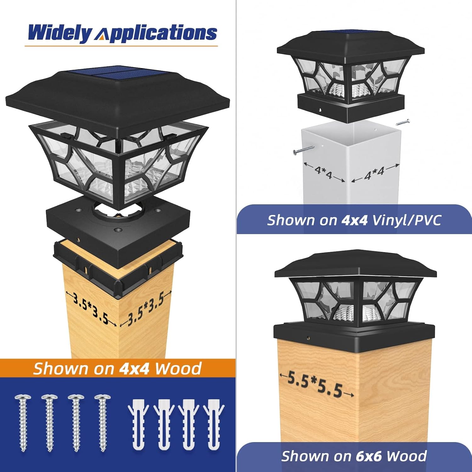 APONUO Solar Post Cap Lights 12 Pack with 1000mAh Battery - for 4x4 5x5 6x6 Fences, Larger Size & Longer Lasting, 2-Mode, IP64 Waterproof, for Fence Deck Patio Porch Yard (Black)