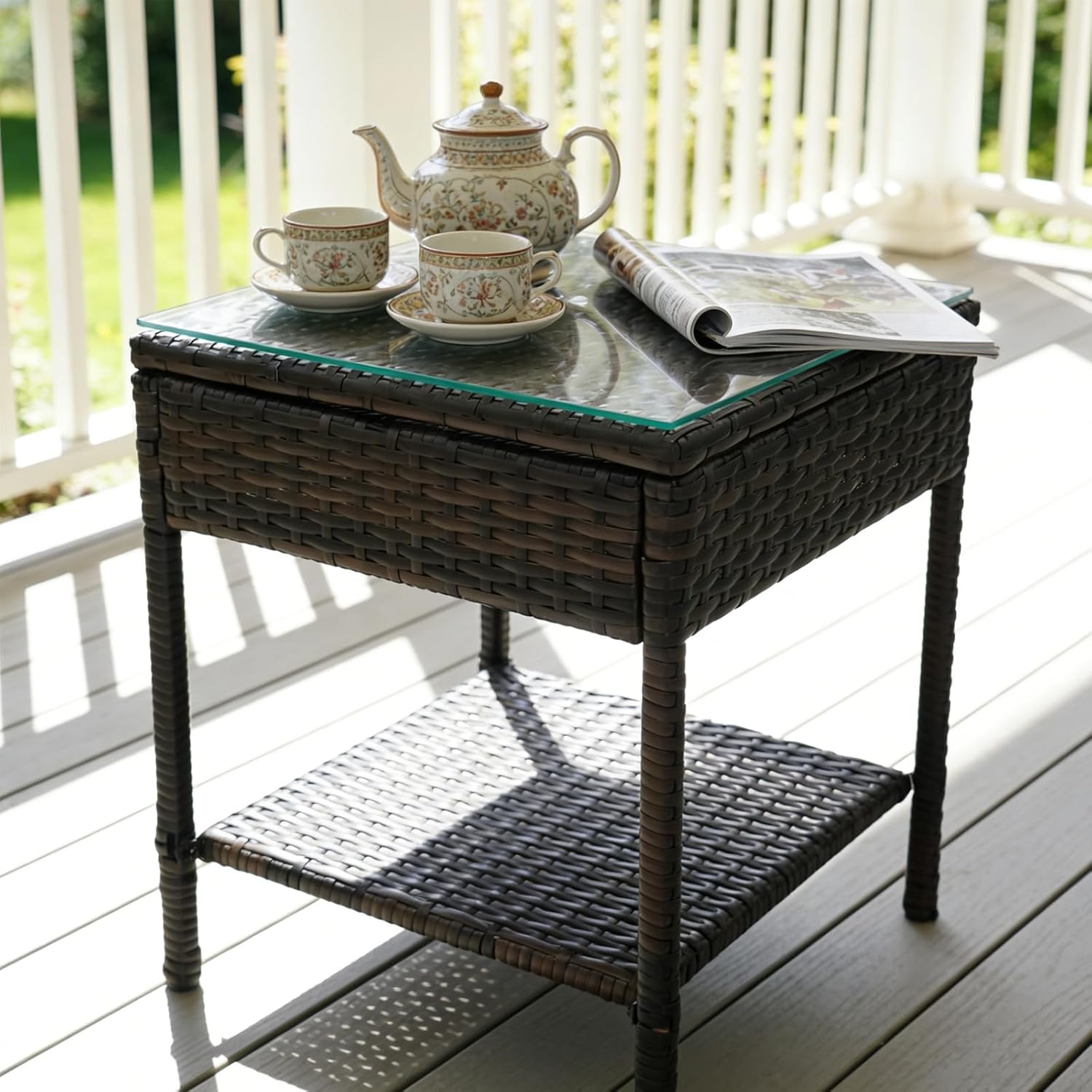 Outdoor Patio Wicker Table,Rattan Side Table,Modern Patio End Side Table with Glass Countertop and Storage Space,for Porch Garden Balcony