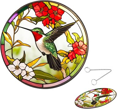 Stained Glass Suncatcher Hummingbird Stained Glass Window Hangings Birthday Lover Gift Box for Mom Grandma Teacher Women Friend with Memorial Hook, Greener, TYU112