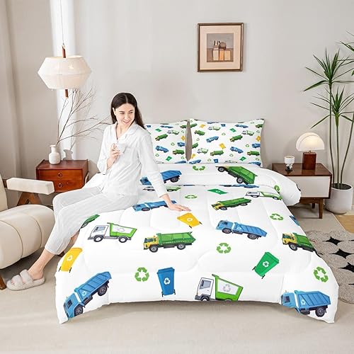 Juego de edredón de camión de basura para niños, tamaño individual, juego de ropa de cama de automóvil de dibujos animados para niños, adolescentes