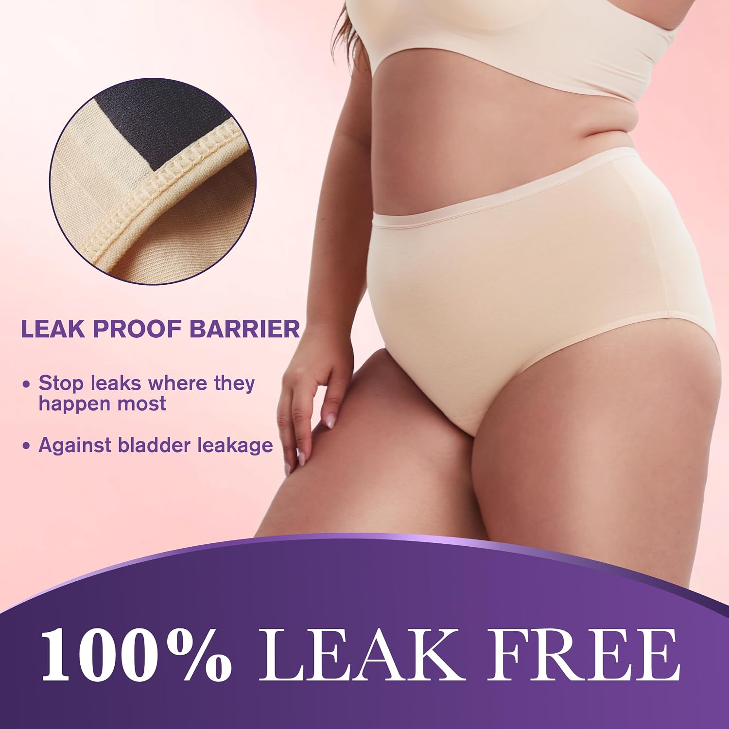Women Leak Proof Incontinence Underwear Washable Absorbency Protective Postpartum Panties 2.0 OZ Bladder Control 3 Pack (3 Beige, M)