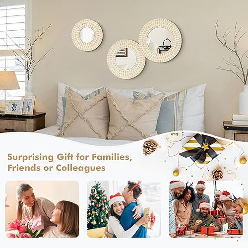 Miniatura 7 de Espejo bohemio para decoración de pared para sala de estar, 3 piezas de madreperla natural, espejo decorativo para casa rural rústica, esculturas