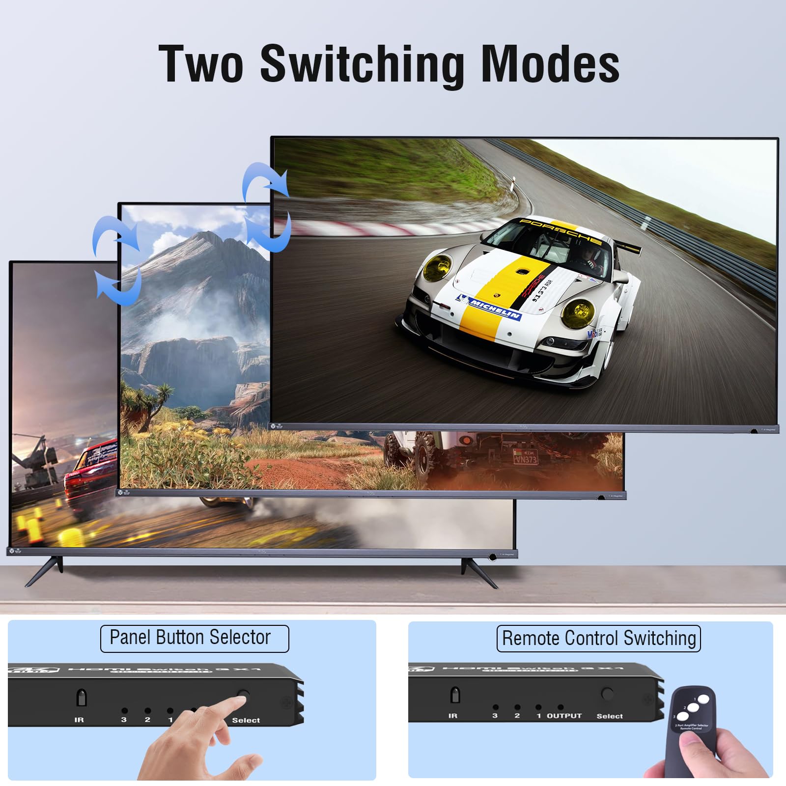 Conmutador HDMI 8K 3x1 - Tendak 8K HDMI 2.1 Switch HDMI Interruptor 3 en 1 con Control Remoto IR, Admite 8K@30Hz 4K@120Hz 3D HDR para PS5 Xbox Series X Reproductor Blue-Ray HDTV