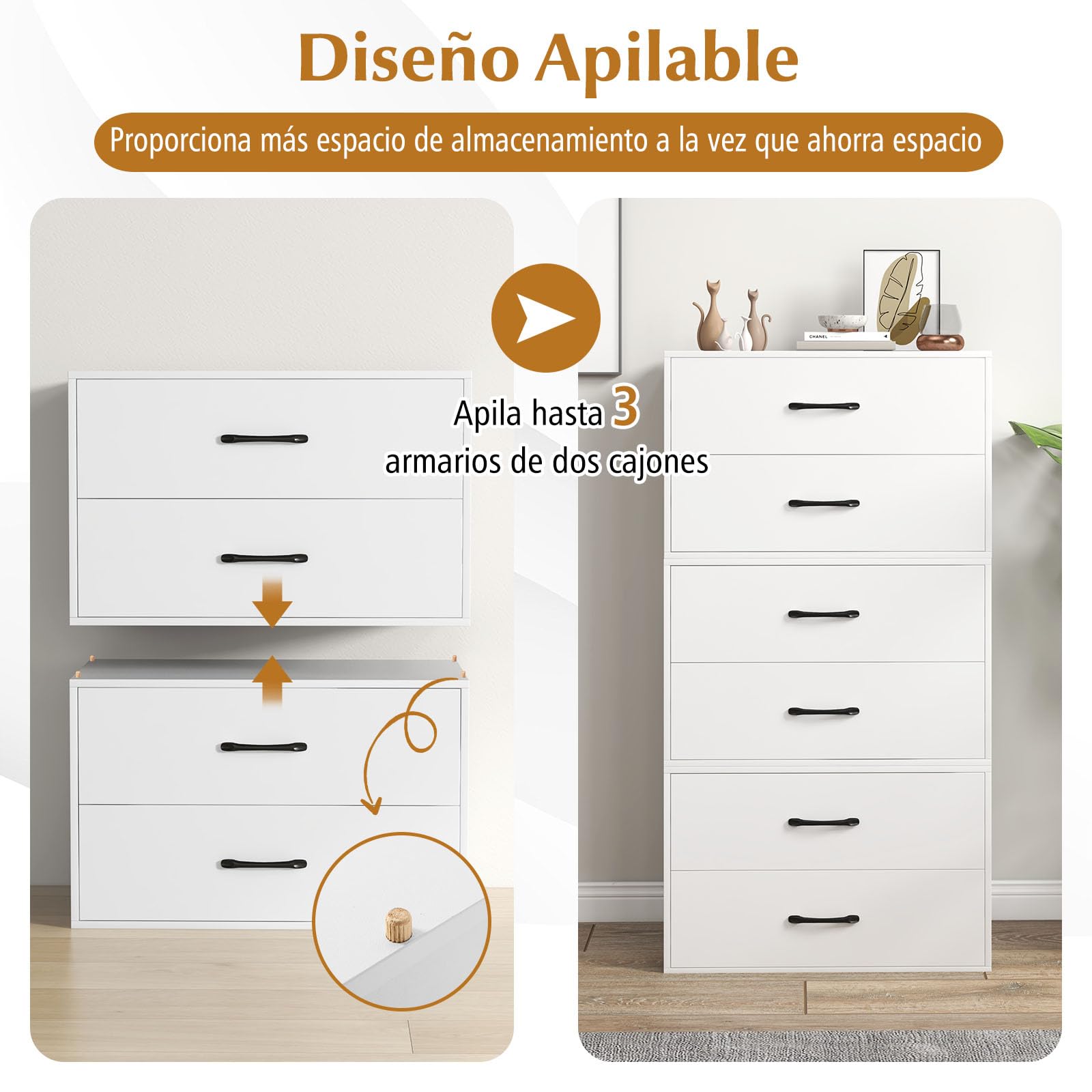GIANTEX Cajonera de Almacenamiento con 2 Cajones, 60 x 34 x 38 cm, Armario Bajo de Madera, con Kit Antivuelco, Cómoda para Salón, Dormitorio (Blanco)