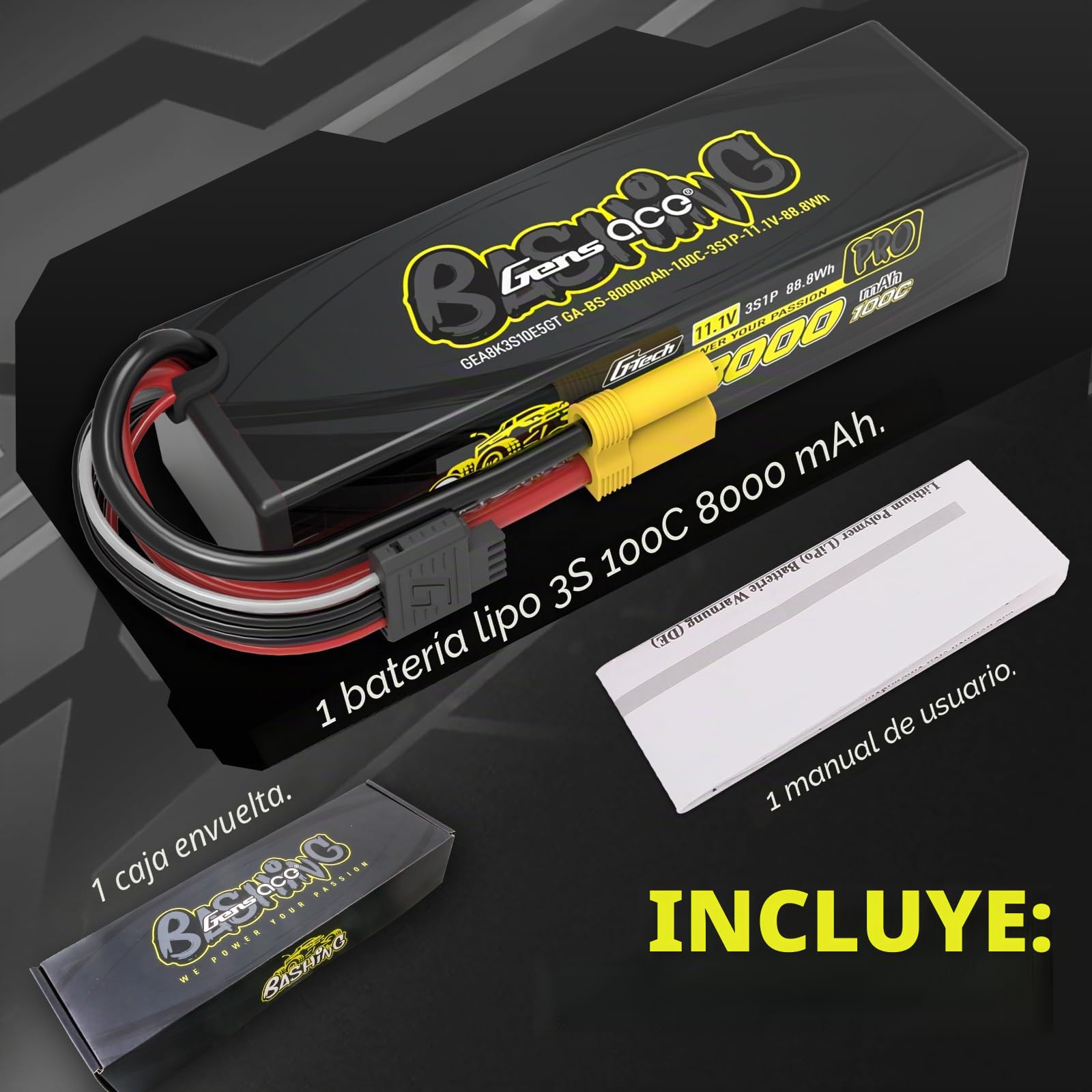 Gens ace 3S LiPo 8000mAh 11.1V 100C Batería de Gran Capacidad diseñada para Coches RC con Conector EC5 y Enchufe G-Tech Negro, Compatible con Modelos a Escala 1/7, 1/8 y 1/10