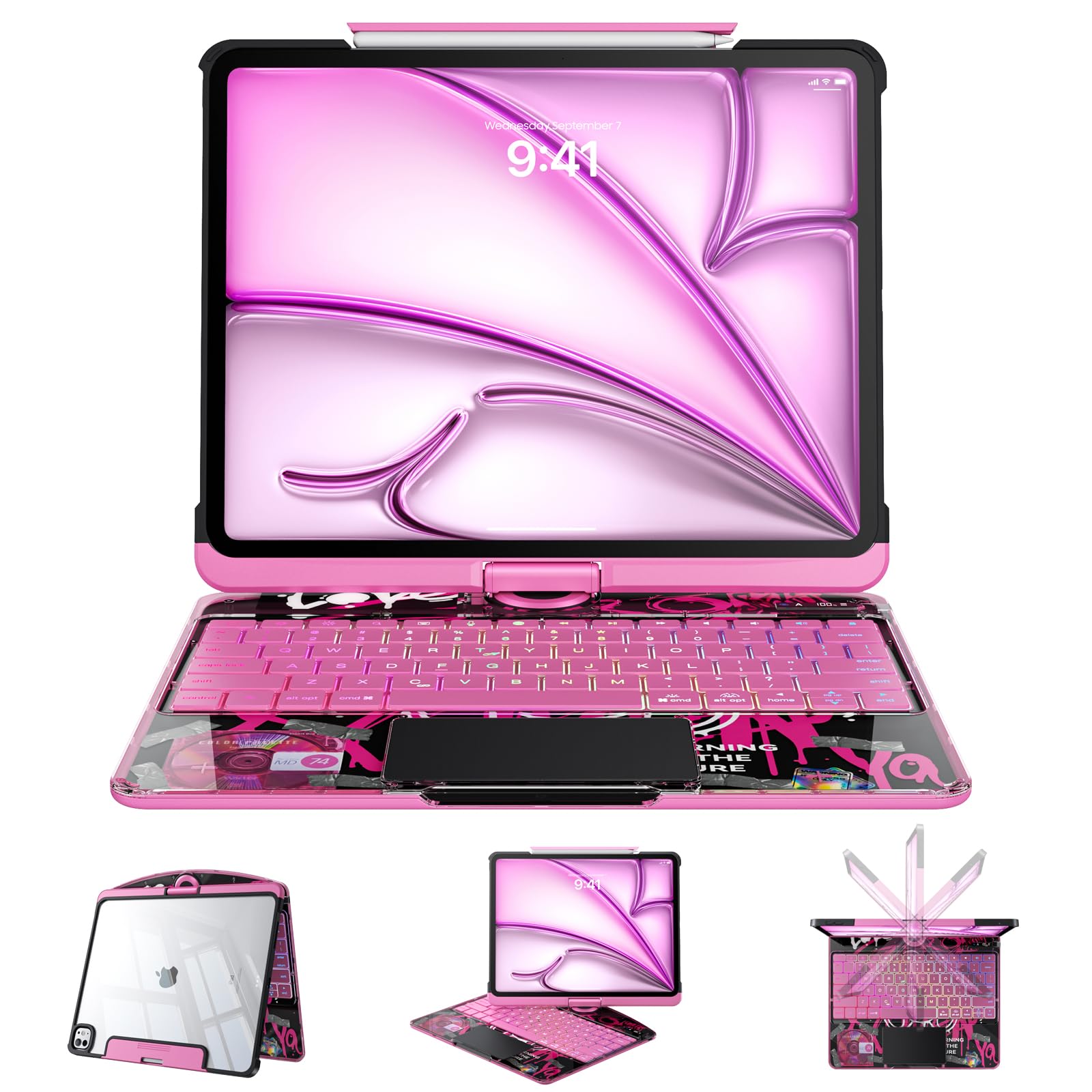 Clear Case with Keyboard for Air 11" (M4/M3/M2) &amp; Air 10.9" (4-5th Gen) &amp; iPad Pro 11" (1/2/3/4th)，360°+180° Rotate iPad Keyboard, LCD Display, Pencil Holder, 7-Color Backlit, Trackpad, Pink