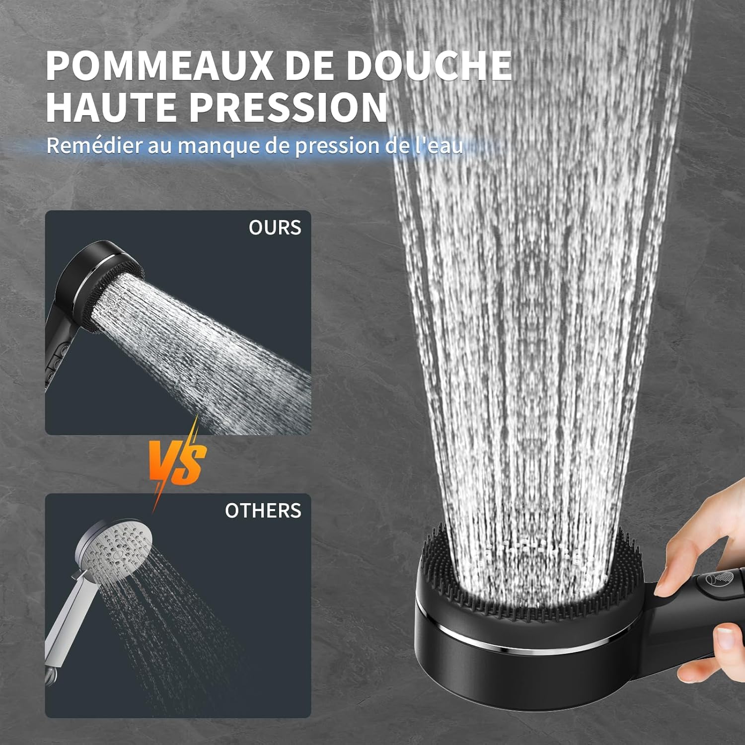 Pommeau deouche Haute Pression, Pommeau Douche Economie Deau 4 Types de Jets Pommeau de Douche Anti Calcaire avec Tuyau Douche 1.5M et Support de Douche, avec Bouton D'arrêt D'eau,Noir