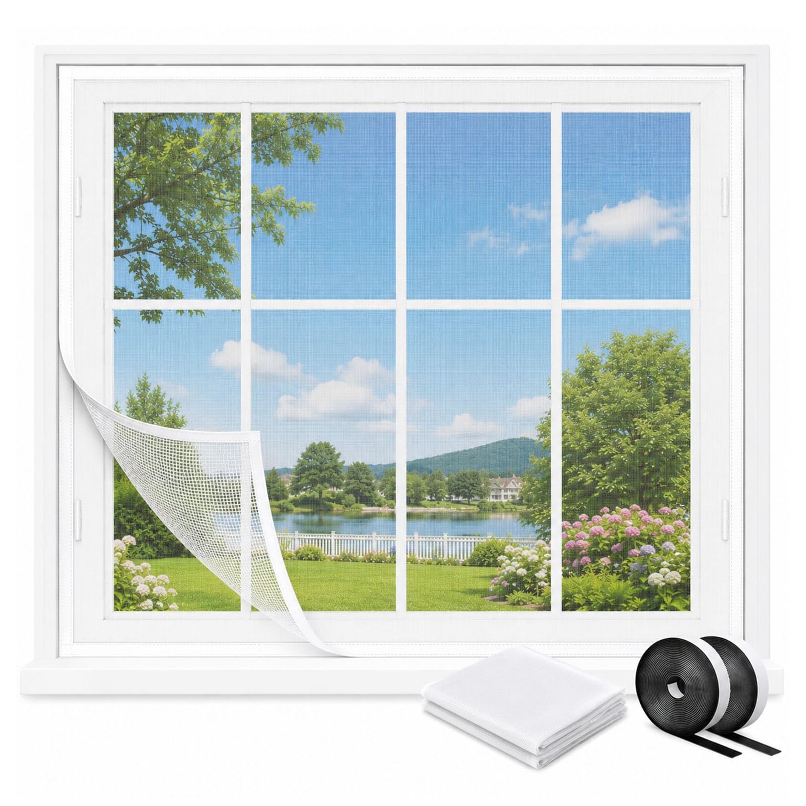 Mosquiteras para Ventanas y Puertas, Malla Mosquitera Fibra de Vidrio Anti Mosquitos, Red Mosquitera Ventana con Cinta Adhesiva de Gancho y Bucle Sin Taladrar(White,59x110in)