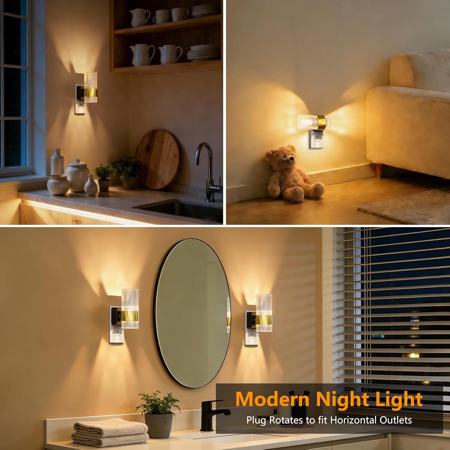 LED Night Lights Plug into Wall, 180° Rotating with Dusk to Dawn Sensor, 100LM Dimmable 2700K, Acrylic Gold Decor for Living Room, Hallway, Bedroom, Bathroom, 2 Pack