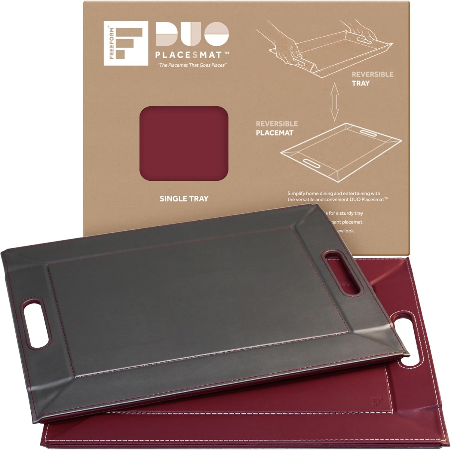 FREEFORM PLACEsMAT 2-in-1 Faux Leather Placemat & Serving Tray | Reversible Design, Lays Flat & Easy to Clean | Ottoman Food Tray, Perfect Housewarming Gift, 18” x 14” (Burgundy & Gunmetal, Single)