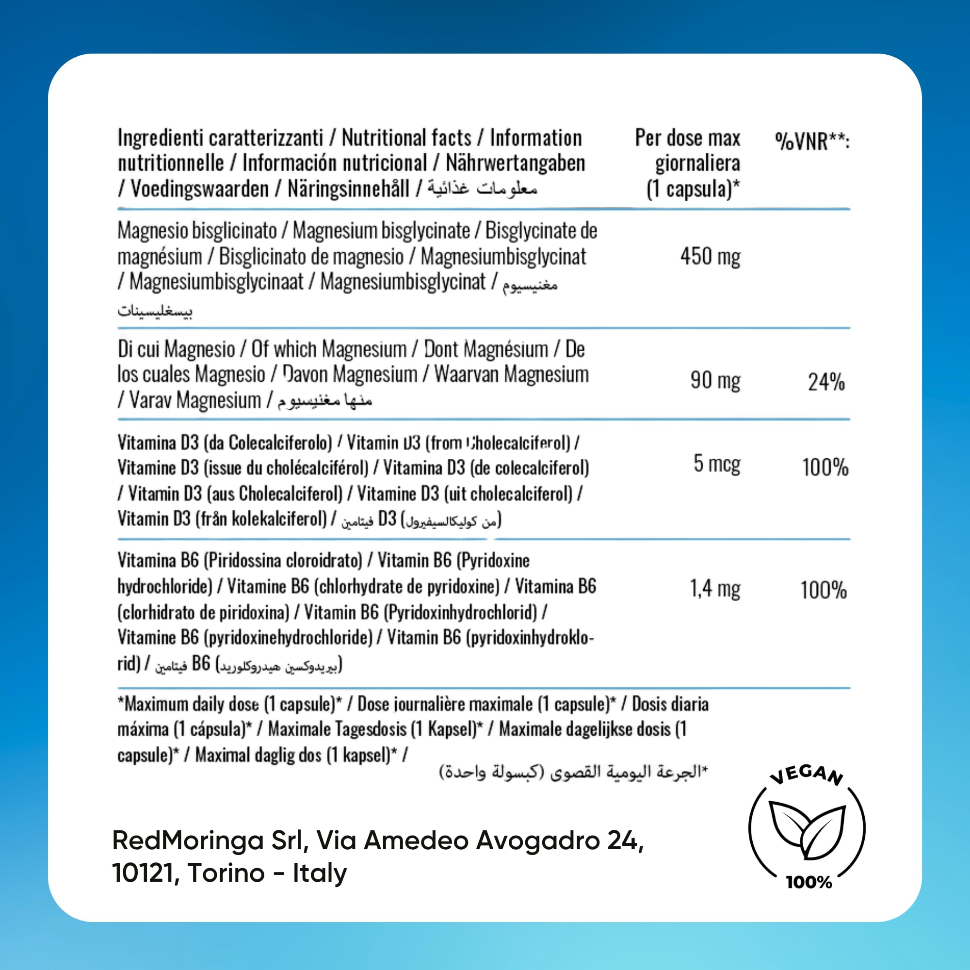 Magnesium Bisglycinat 450mg + Vitamin B6 + Vitamin D3 | 360 Magensaftresistente Vegane Kapseln – 12 Monate Vorrat | Hochdosiert | Made in Italy