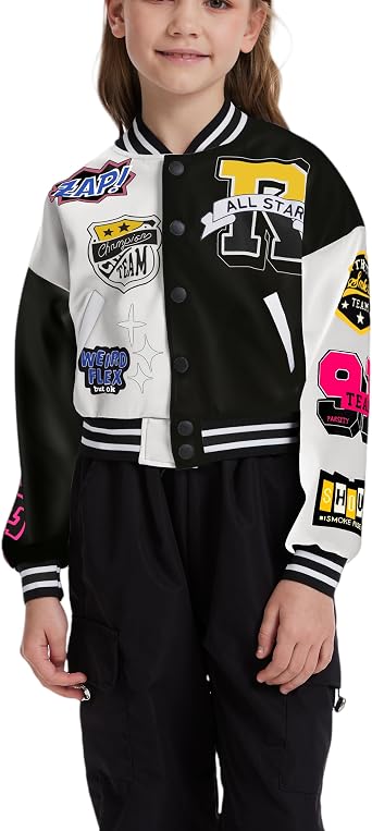 Vivimeng Girls Crop Bomber Jacket Kids Letterman Jacket Casual Letter Print School Baseball Coats