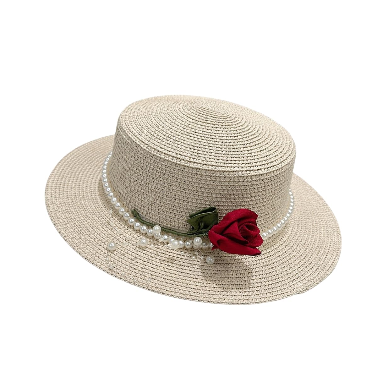 Sombrero de Paja de Verano para Mujer,de ala Ancha,Tejido de Paja,con Protección UV y Decoración de Rosas y Perlas,Transpirable,para Playa,Exteriores,Viajes y Fiestas