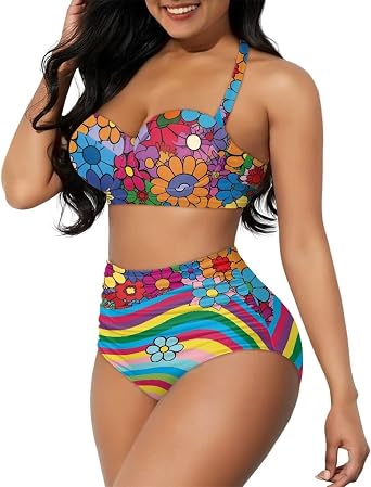 Womens Two Piece Swimsuits Sexy Tummy Control Bikini Sets High Waist Bathing Suits Ruched Ruffle Push Up for Women