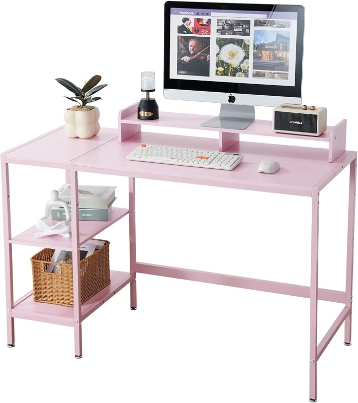 Escritorio para computadora de 47 pulgadas con estante de almacenamiento: escritorio para juegos ideal para dormitorios, espacios pequeños y oficinas en el hogar Escritorio moderno para PC, mesa rosa.