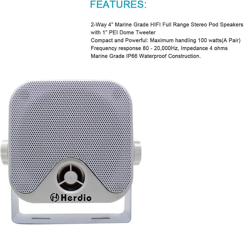 Herdio 100W Vízálló Mini Hangszóró - 10,2 cm Fehér Stereo Hangrendszer ATV, UTV, Motorkerékpár, Traktor és Hajó Használatra
AI: I've create
