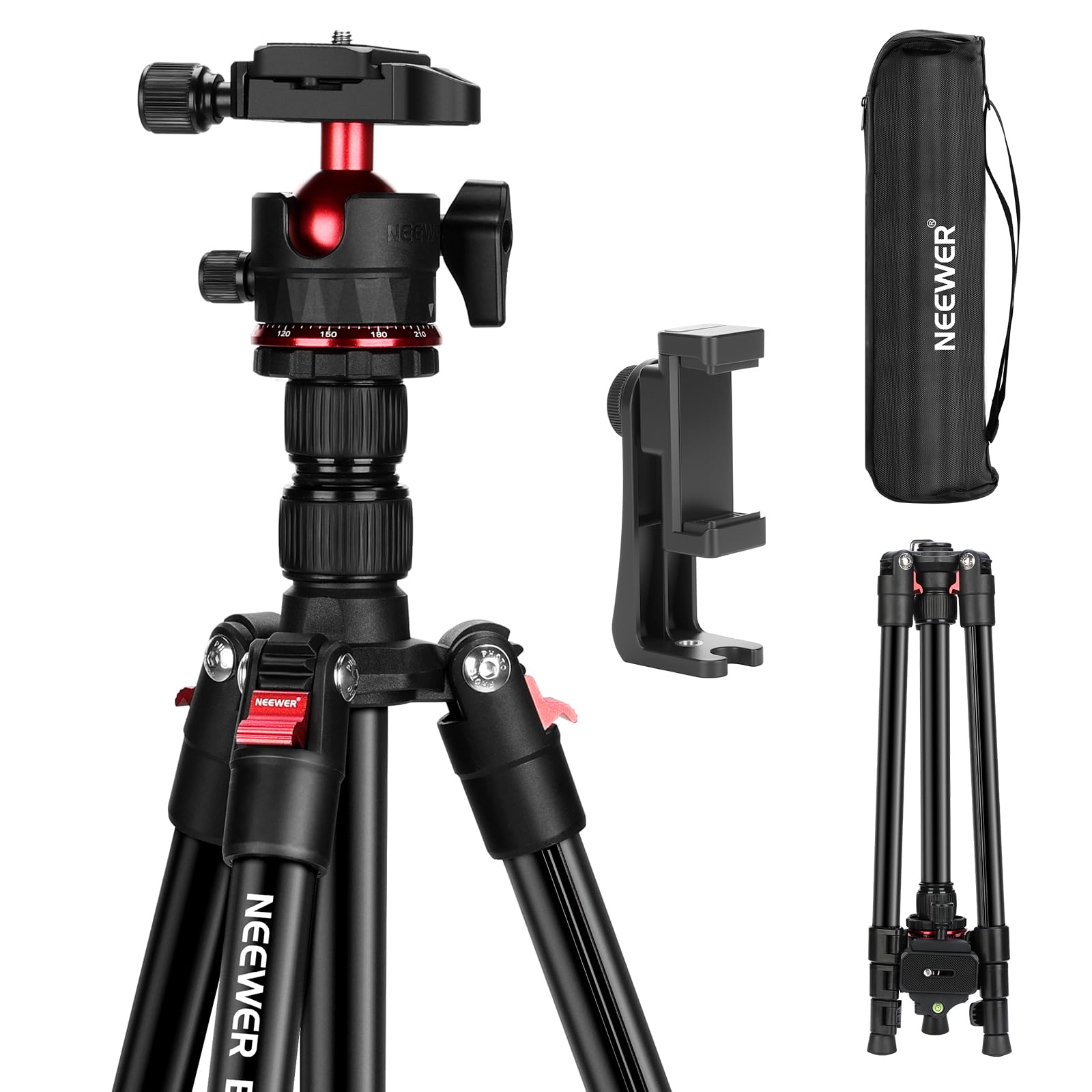 NEEWER Basics Travel Tripod for Camera, 72" Compact Lightweight Portable DSLR Stand, Ball Head, Arca Type QR Plate, Cell Phone Holder Compatible with iPhone Video Recording, Max Load 13.2 lbs, TP14