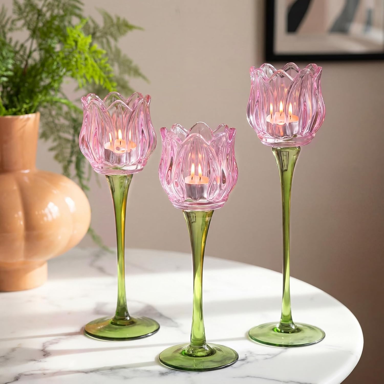 Honeydak 3 Pcs Tulip Flower Glass Candle Holders Romantic Flower Votive Candle Holders for Wedding Bridal Shower Tall Tealight Candles Holder for Centerpiece Table(Pink)