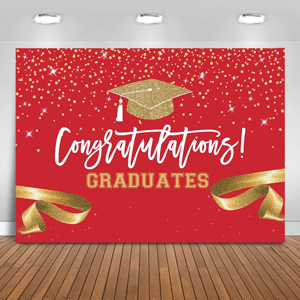 Mocsicka Red Gold Class of 2025 Backdrop Congratulations Graduates Background Graduation Prom Party Decoration Banner Photo Booth Props (10x7ft)