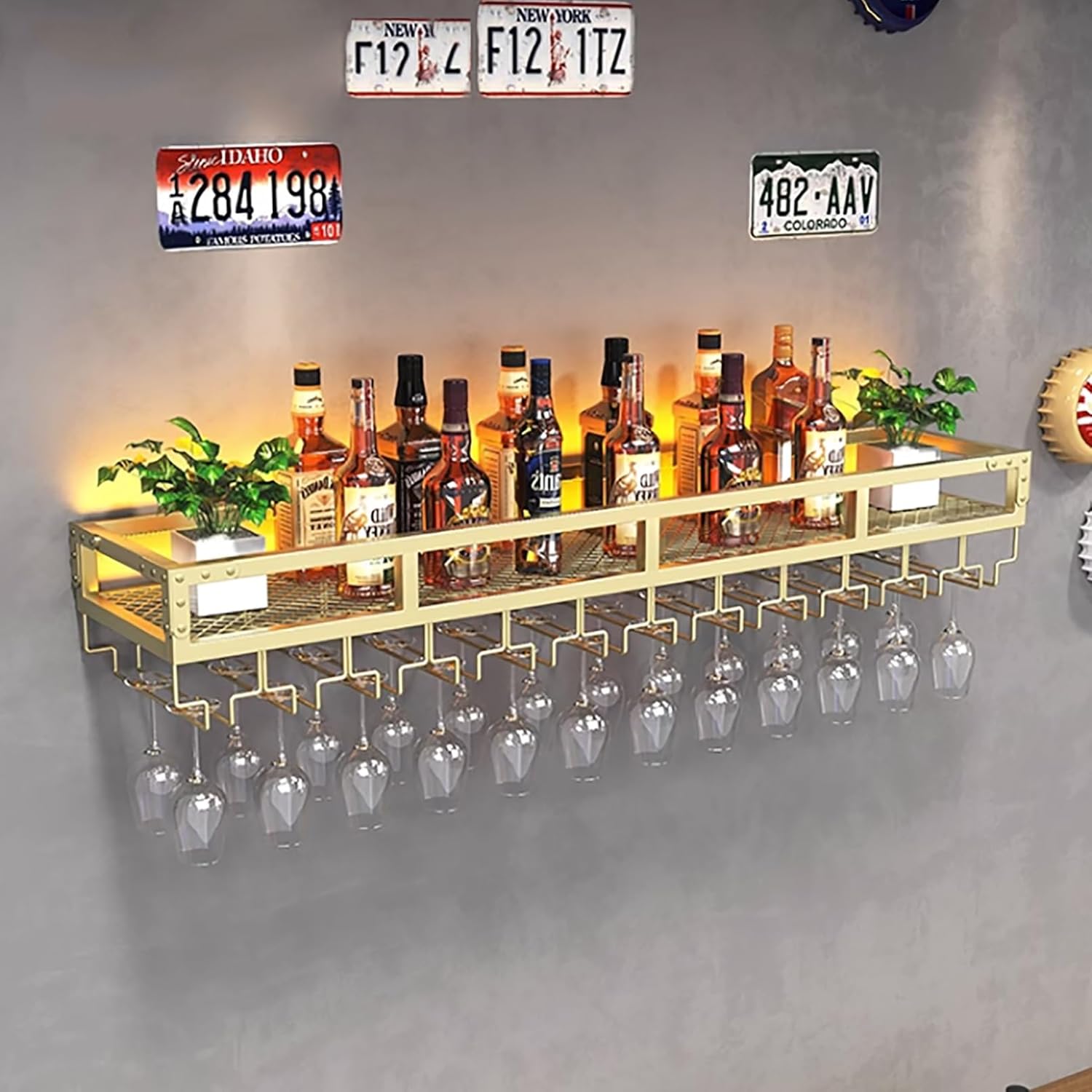 Wall-Mounted Wine Racks with Glass Holder,Iron Wine Bottle Shelf,Stemware Rack,Wine Glass Rack Multi Functional Wine Storage Display Rack,Bar Shelves for Liquor Bottles,for Living Room,Wine