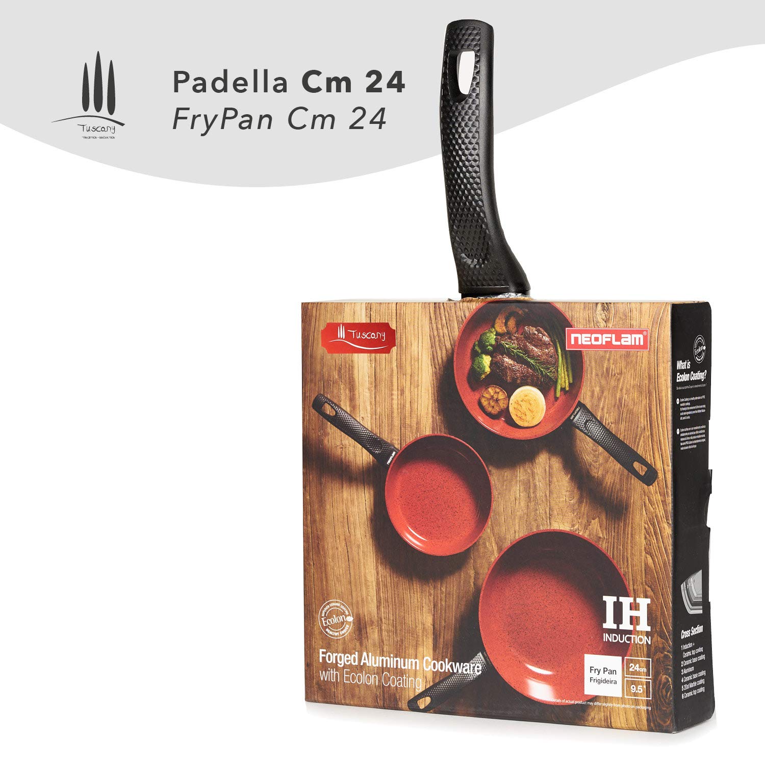 CLASSE ITALY, Padella antiadente cm 24, Antiaderente a 5 strati senza PTFE, PFOA, PFAS, 100% sicuro, Linea TUSCANY, per Induzione e Fiamma