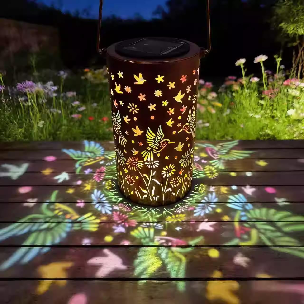 Solar Garden Lantern Outdoor, Colorful Floral Projection Hanging Light, Waterproof Solar Powered Lantern for Patio Yard Pathway, Decorative Metal Lantern for Garden Ambience 2026 (Birds)
