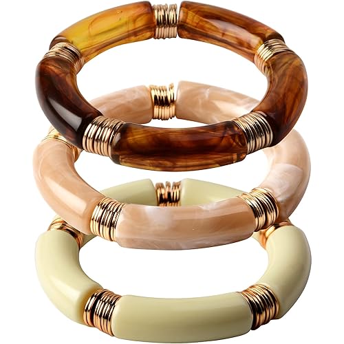 GOOJIDS Simple Beaded Bangles Bracelet Chunky Bamboo Tube Curved Stacking Clear Acrylic Colorful Beads Stretchable Gold Bracelets Set Gift For Women Girls