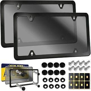 BGMVFK License Plate Cover Frame Combo- Universal Front Rear Protector, Tinted Smoked Flat Car Tag Shield & Black Aluminum Frame Holder with Screws Caps, 2 Sets
