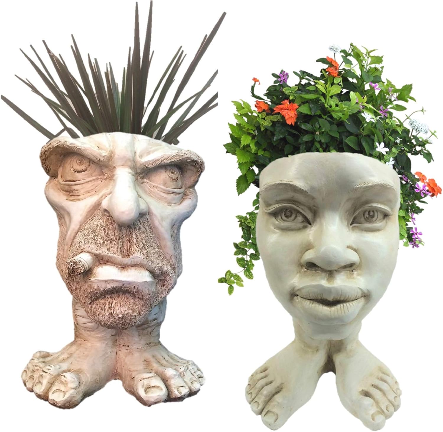 The Face Uncle Carmine & Auntie Kayla Antique White Garden Statue 13" H Planter Outdoor Garden Statue