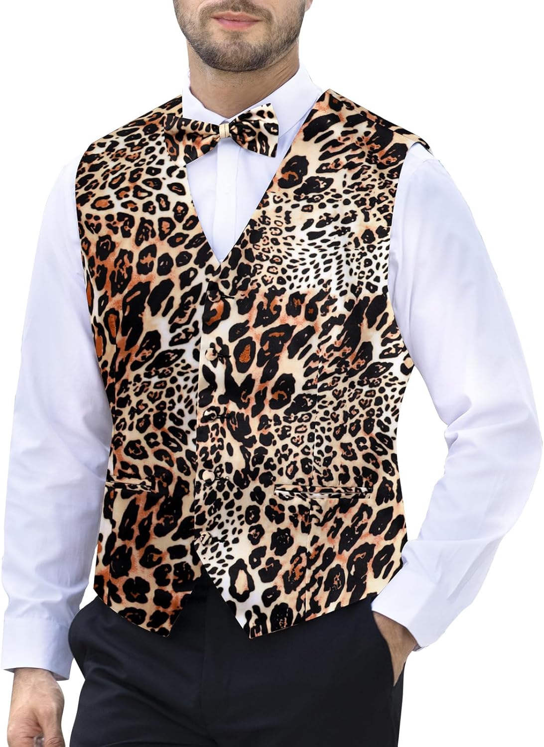 2-Piece Party Suit Vest for Men, Animal Print Waistcoat Vest & Bow Tie