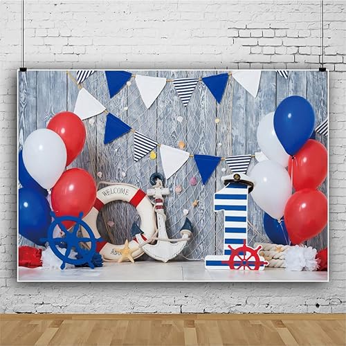 Miniatura 2 de Yeele Telón de fondo de 10 x 6.5 pies para niño de primer cumpleaños, globos azules, blancos y rojos, ancla de madera para fotografía, tema náutico