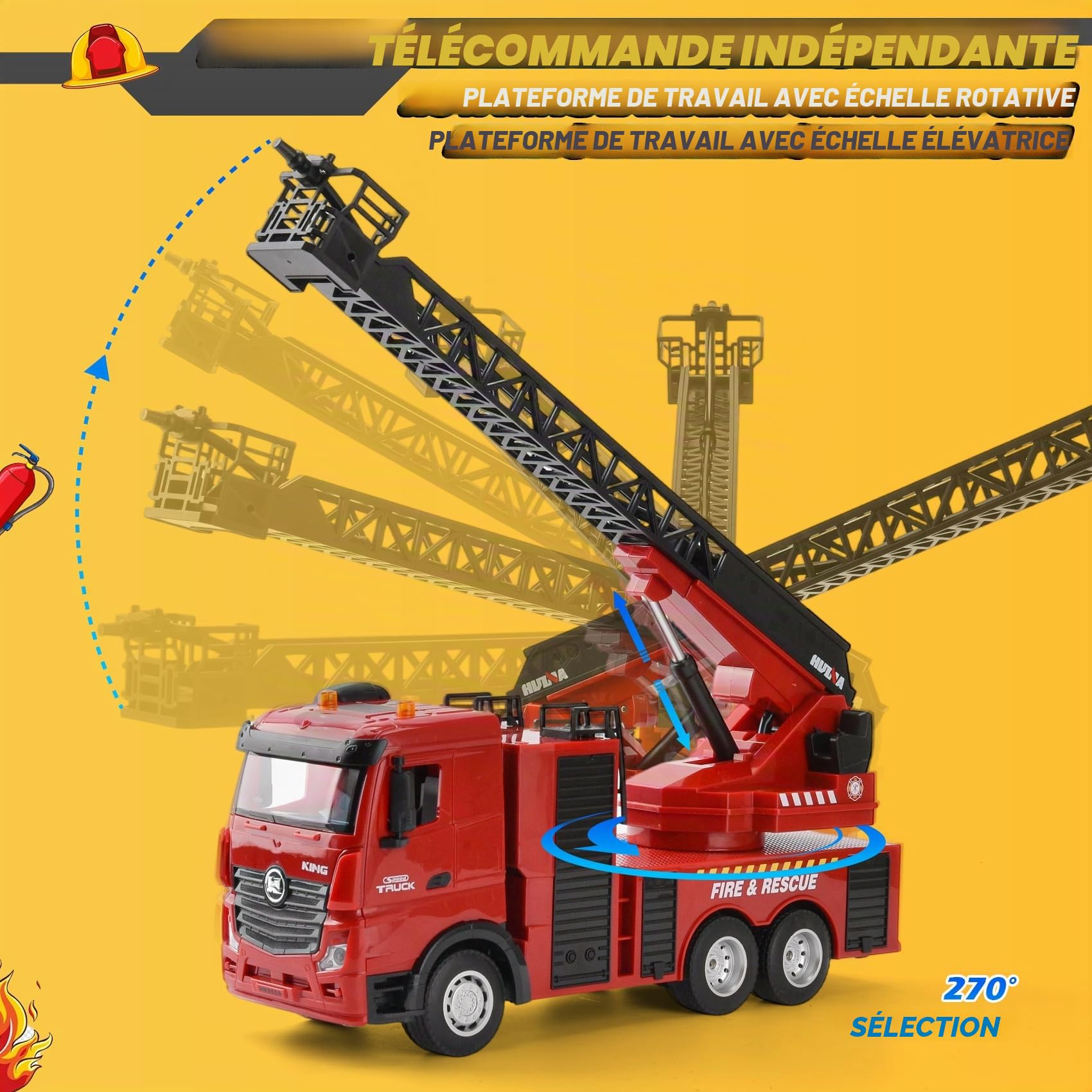 Grand Camion de Pompiers RC 1:18 | Camion de Pompiers télécommandé 2,4G avec Échelle Pivotante à 270° et Fonction Jet d'eau | Rechargeable 7,4V, Lumières & Sons | Jouet Pompier dès 3 Ans