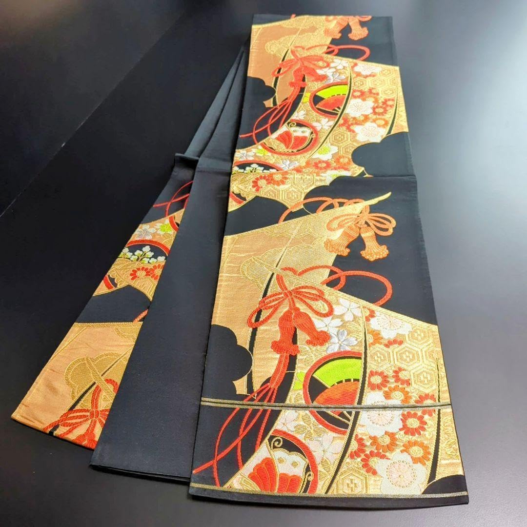 H-290 袋帯 正絹 六通 唐織 金糸 組紐 暖簾 扇 蝶 梅 桜 亀甲 冬