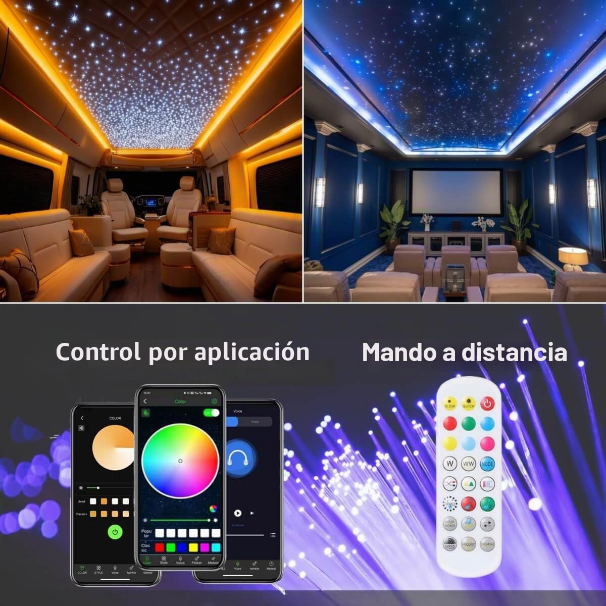 Luz de fibra de vidrio para coche, 300 unidades, cable de fibra óptica de 2 m, 0,75 mm, kit de luces de techo estrelladas, aplicación Bluetooth, mando a distancia RGBW, fibra óptica, sincronización y