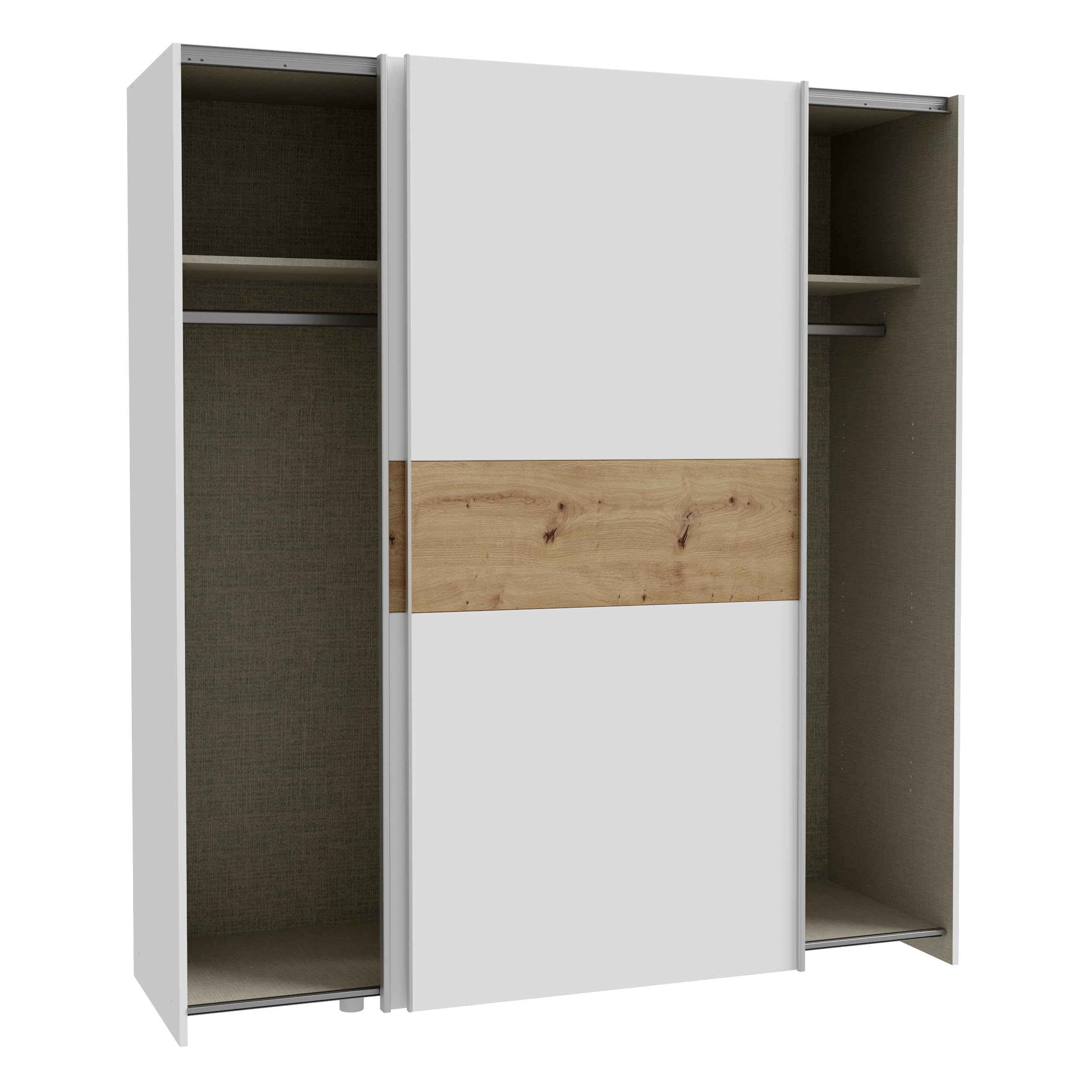 Forte URBANLINE Kleiderschrank 170, moderner Schwebetürenschrank, 2-türig, Schlafzimmer, Holzwerkstoff, Weiß mit Artisan Eiche Holzdekor, 170,3 cm breit x 190,5 cm hoch x 61,2 cm tief