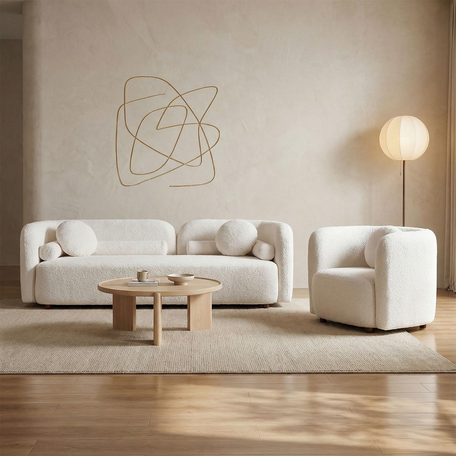 2-Piece Curved Sofa Set, White Boucle Sofa &amp; Oversized Chair
