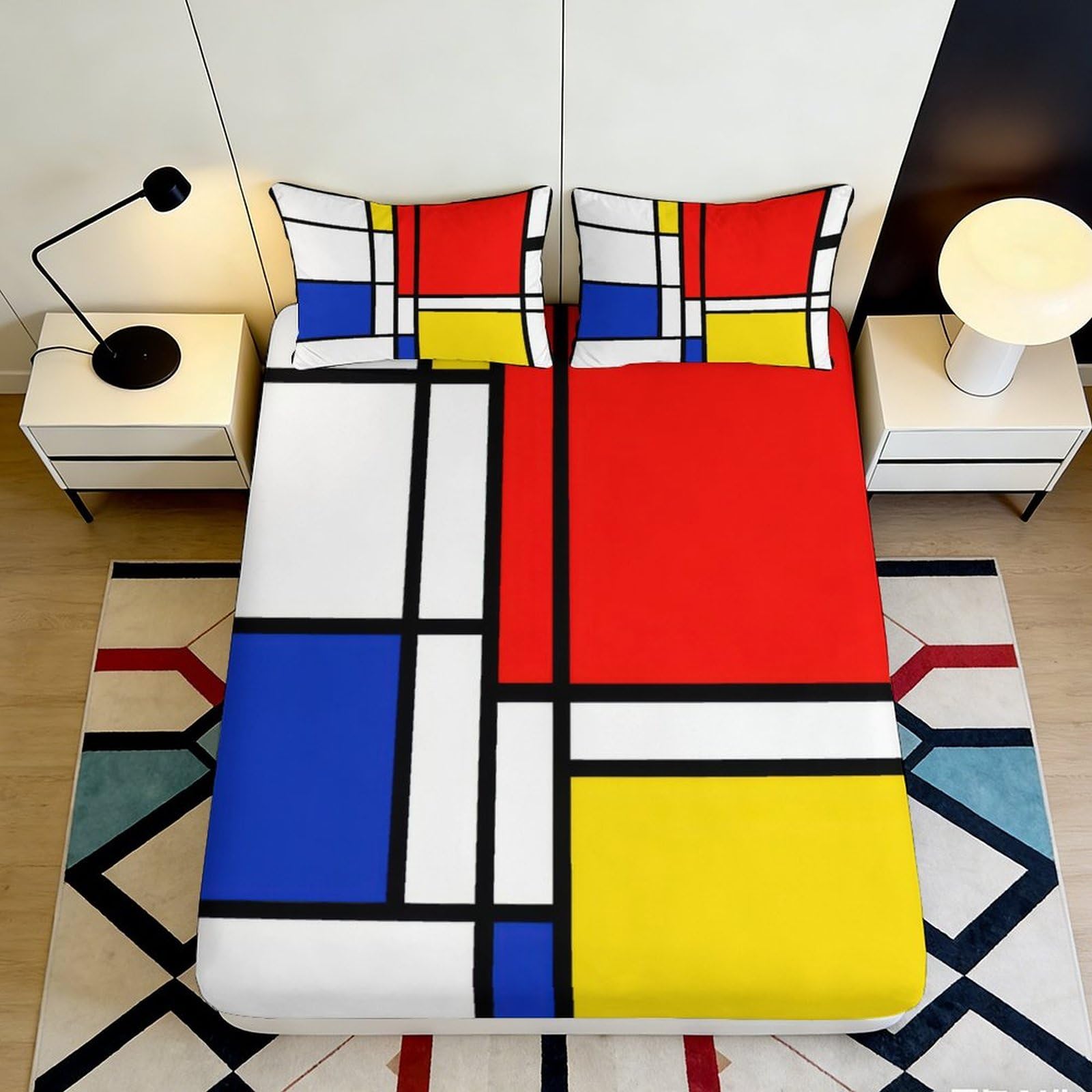 3D Printed Mondrian Style Fitted Sheet Microfiber Soft Durable Abstract Geometric Mattress Cover for Bedroom Dormitory Guest Room Protection 140x200x25cm