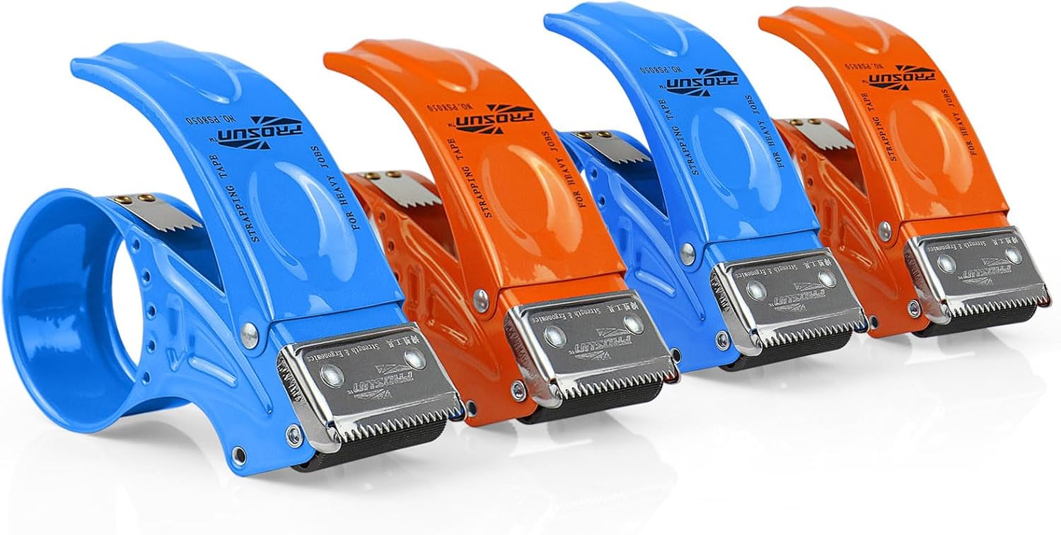 BOMEI PACK Metal Packing Tape Dispenser, 2inch Heavy Duty Handheld Heavy Duty Tape Holder, 4Pcs, Orange + Blue