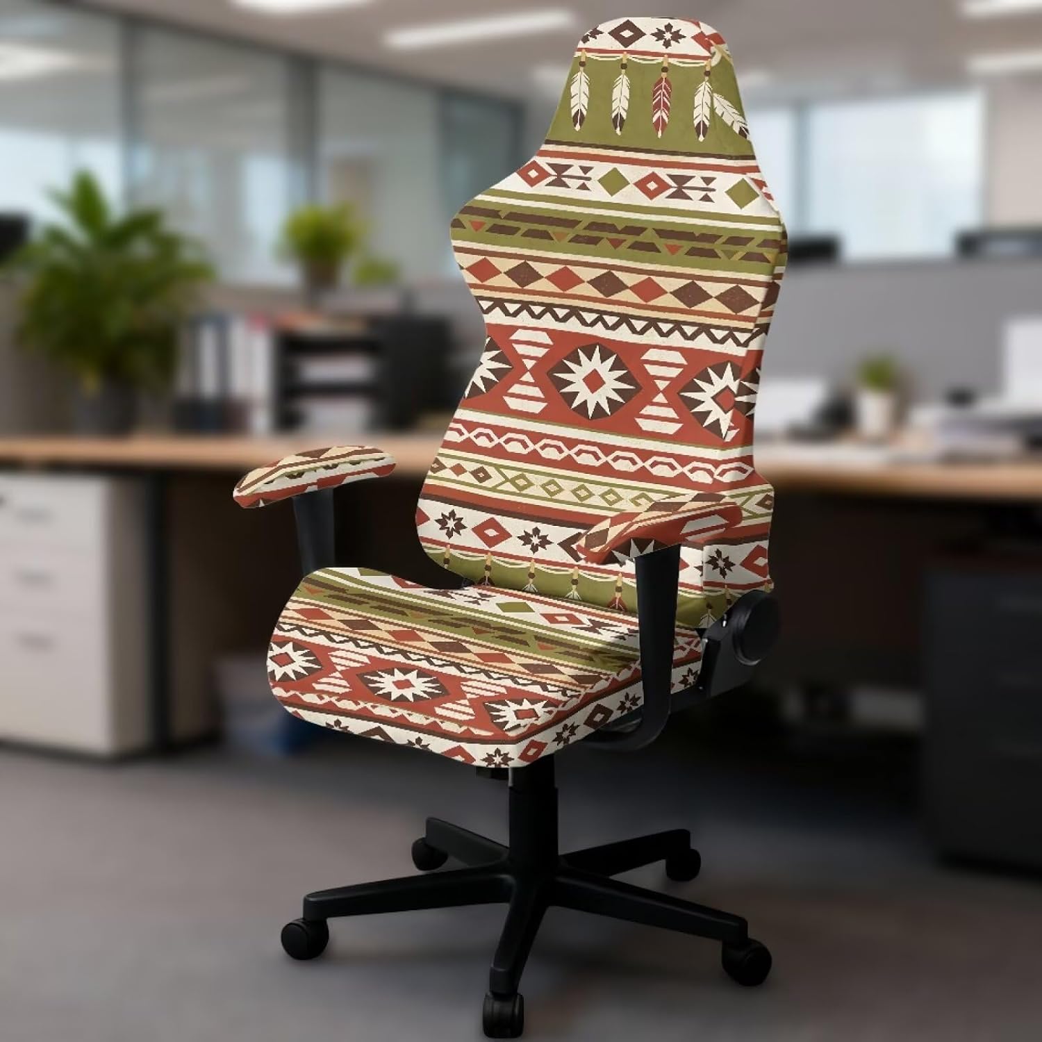 Geometric Green Gaming Chair Covers Polyester Desk Chair Seat Cover with Armrest Anti-Slip Computer Vanity Chairs Cover for Dogs Cats Pets(4 Pieces)