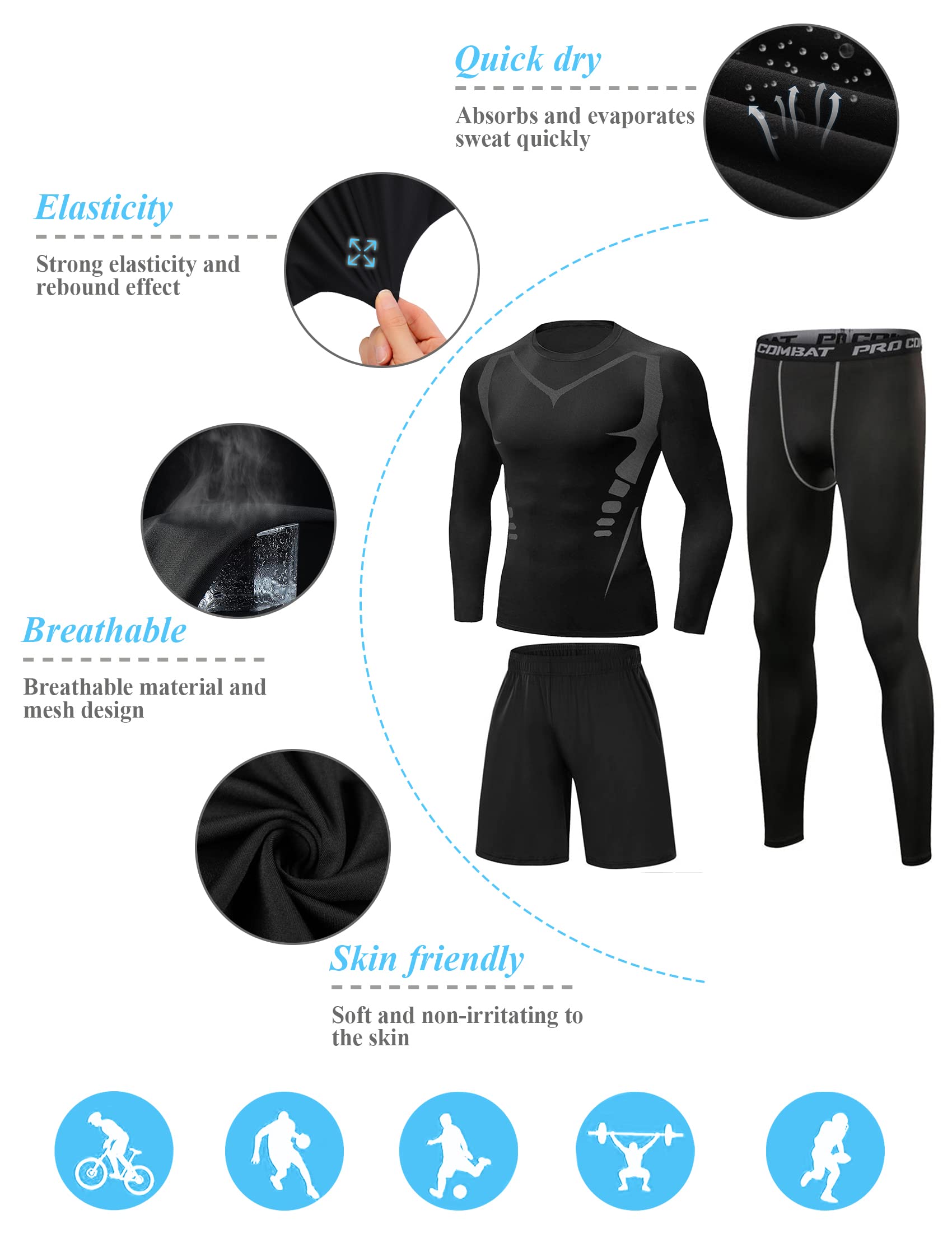 Terecey 3 Pezzi Completo Palestra Uomo, Completo Corsa Uomo Running Tuta Compressione Uomo Asciugatura Rapida Maglietta Compressione Pantaloncini Sportivo Leggings Uomo M-3XL