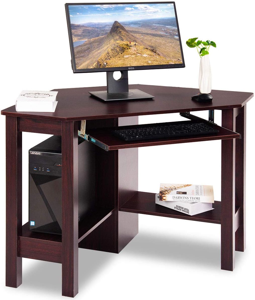Desk with Drawer Computer PC Table Study Office Room Brown Wooden Corner