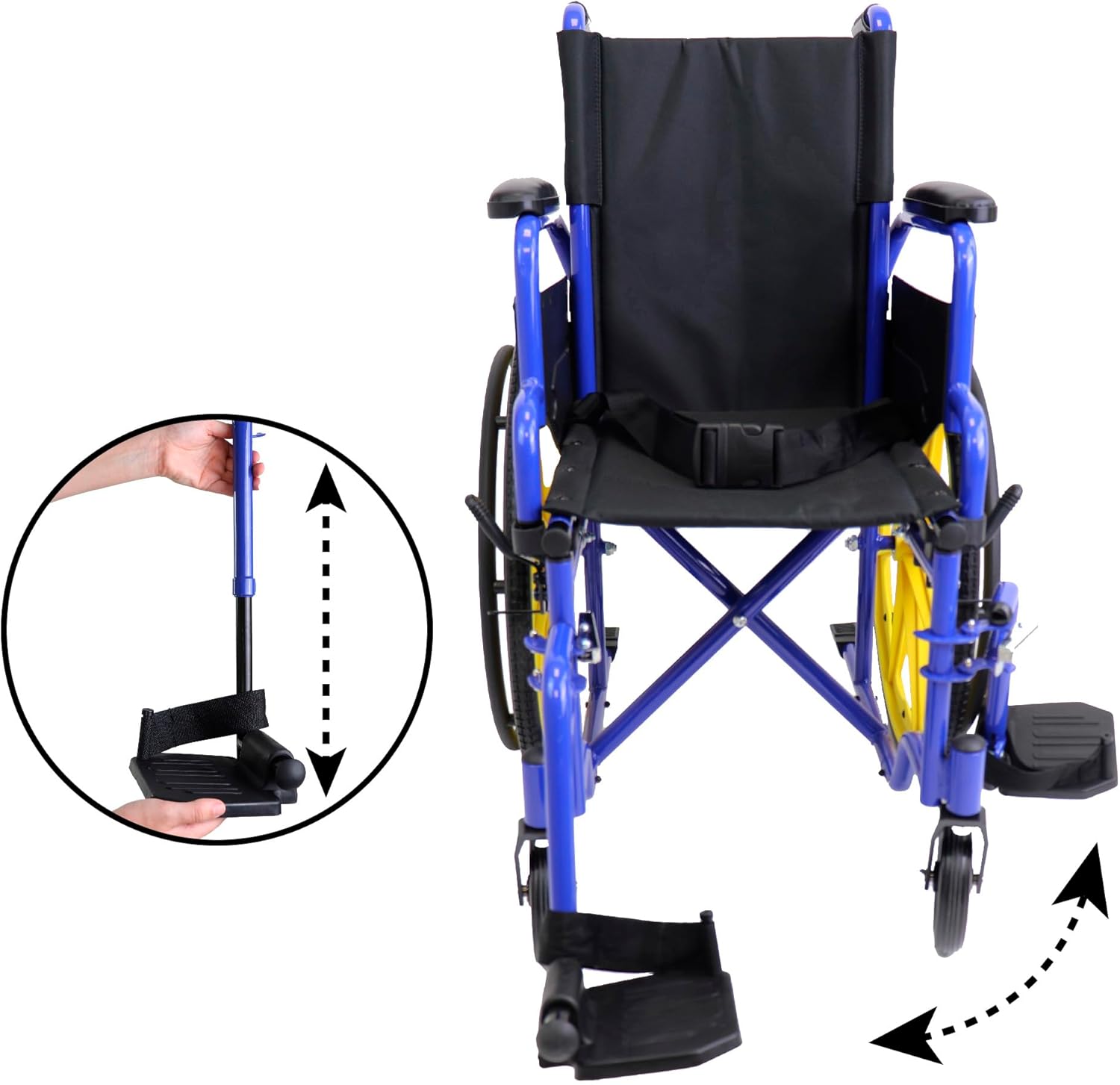 Hands adjusting the height of a footrest on the PEPE Mobility P10030 wheelchair.