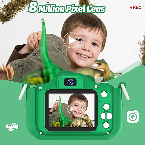 Miniatura 3 de Cámara infantil de dinosaurio para niños, 12 MP, video HD 1080P, batería recargable, tarjeta SD de 32 GB, cordón portátil, juegos educativos, verde,