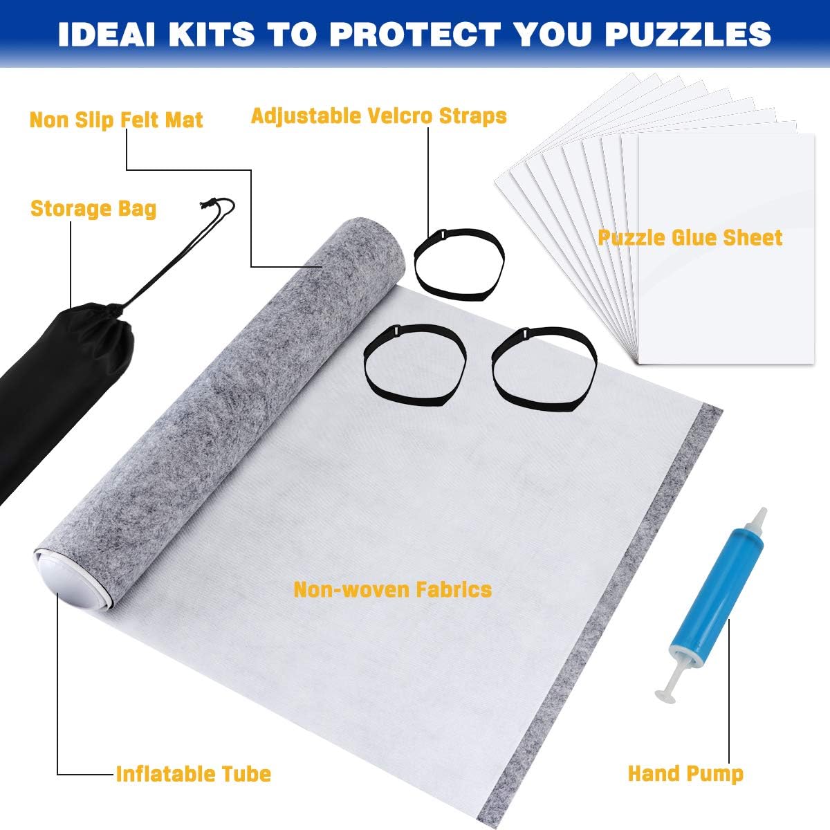 Libay Jigsaw Puzzle Mat Roll Up, Puzzle Saver Store 500 1000 1500 2000 Pieces Felt Puzzle Mat with 9 Pieces Puzzle Glue Sheets for Kids and Adults, Hand Pump Inflatable Tube and Storage Bag 42" X 29"