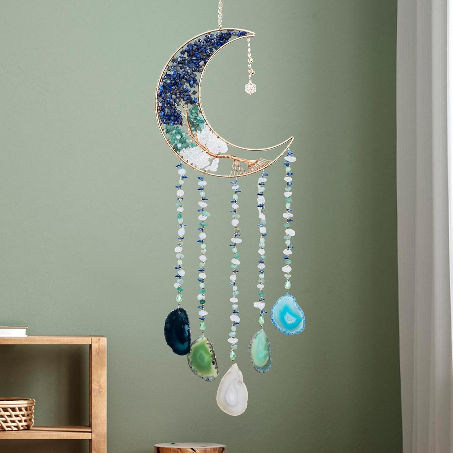 Moon Wind Chimes with Crystal Tree for Home Wall Decor Aesthetic, Room Wall Decor, Bohemian Room Decor, Haning Crystal Decor, Bedroom Decor for Women, Unique Gift for Women