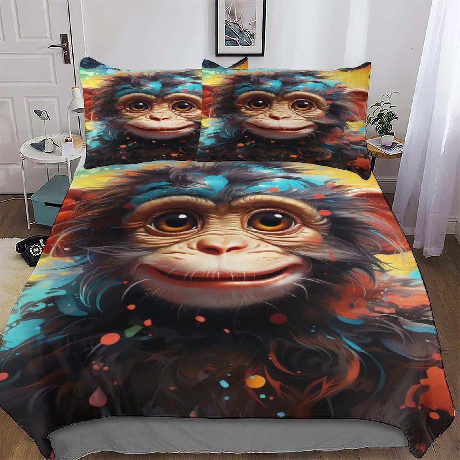 Housse de couette singe 3D en microfibre douce et résistante pour lit double